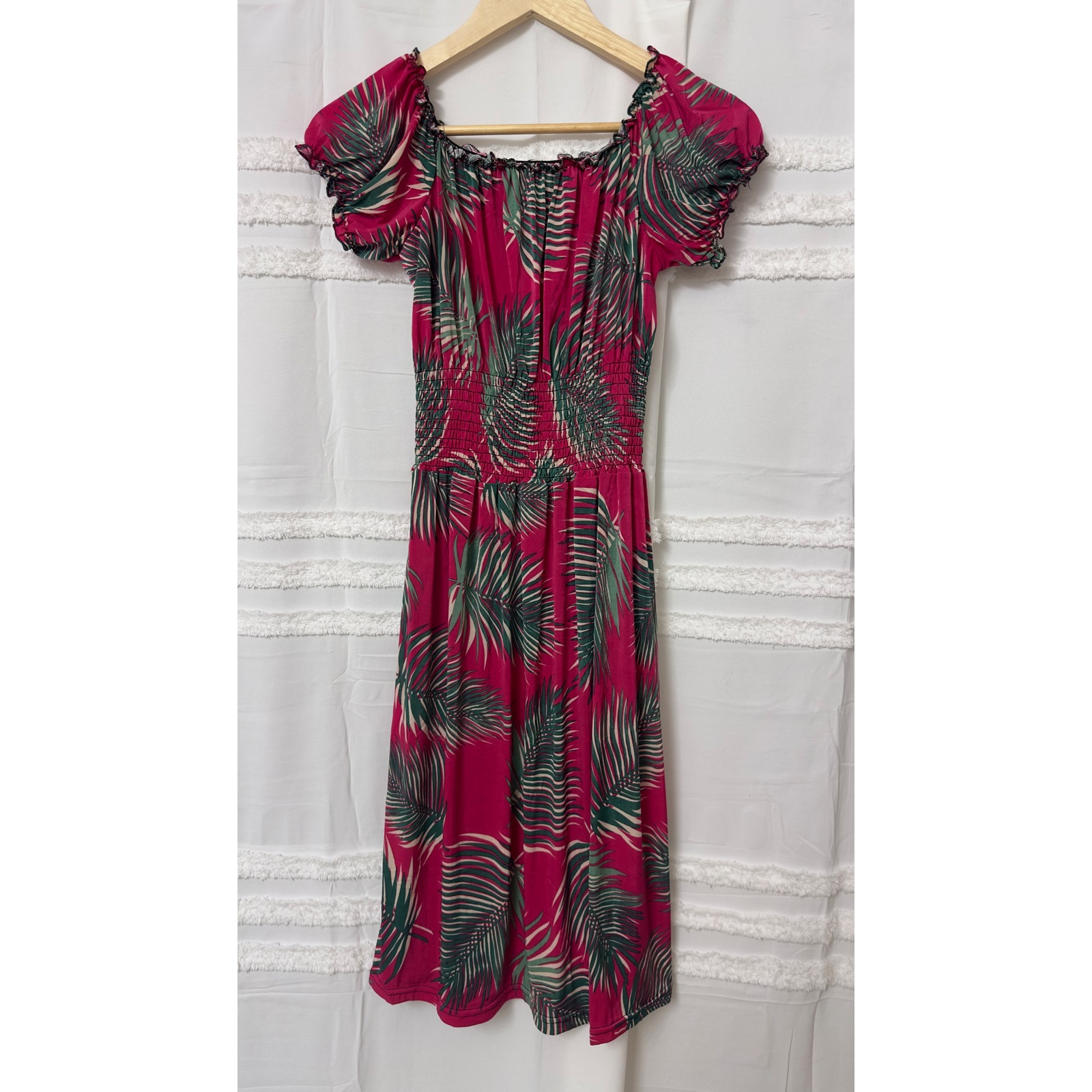 Magenta Pink Tropical Palm Leaf Smocked Waist Sundress Xl Short Sleeve Ruffle